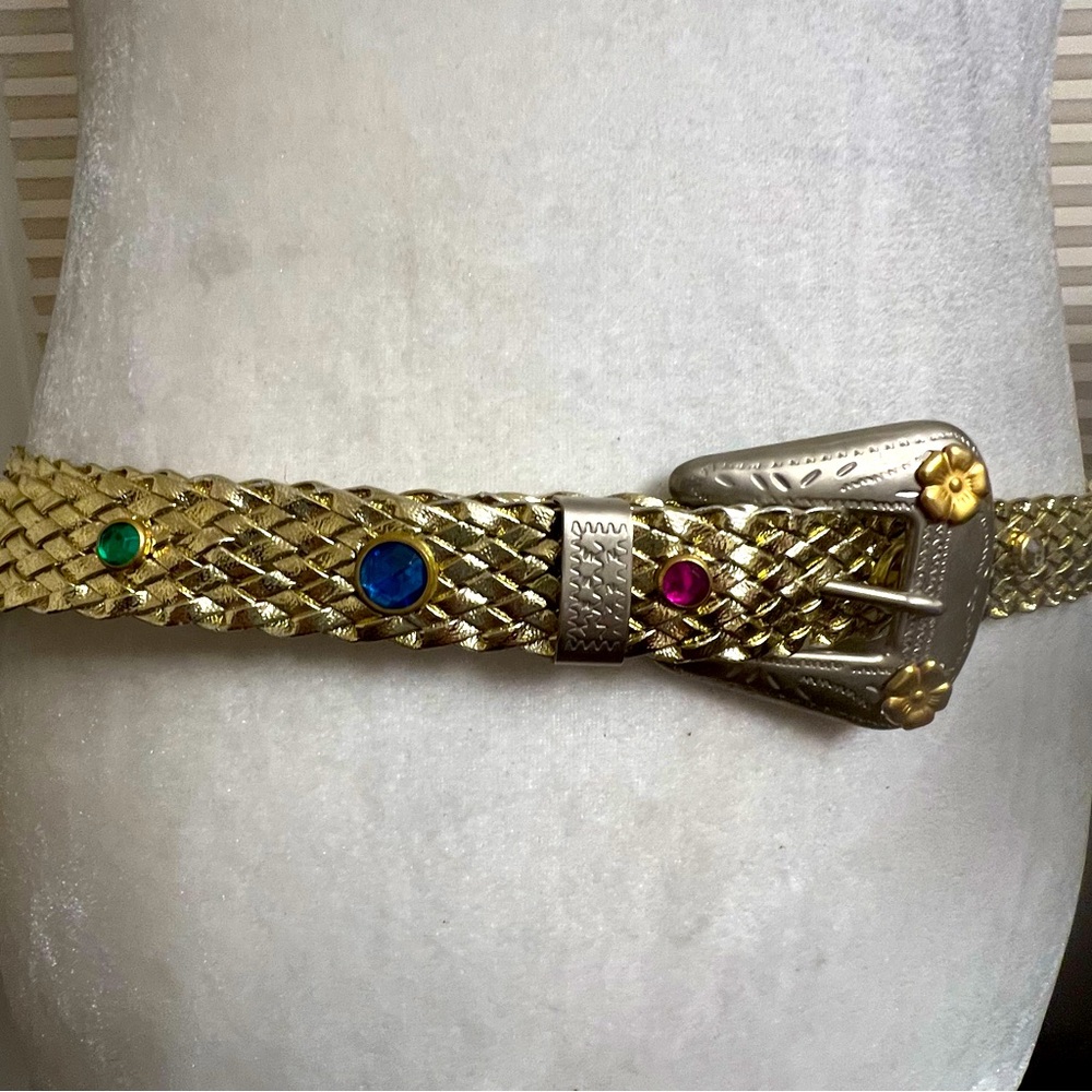 Braided belt gold toned faux leather lightweight western  stones bling EUC - Picture 6 of 8